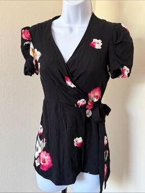 Anna Sui Black Wrap Blouse with Pink Floral Accents